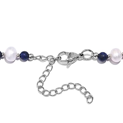 White Freshwater Pearl and Lapis Lazuli Beaded 21.00 ctw Necklace 18 Inches in Rhodium Over Stainless Steel