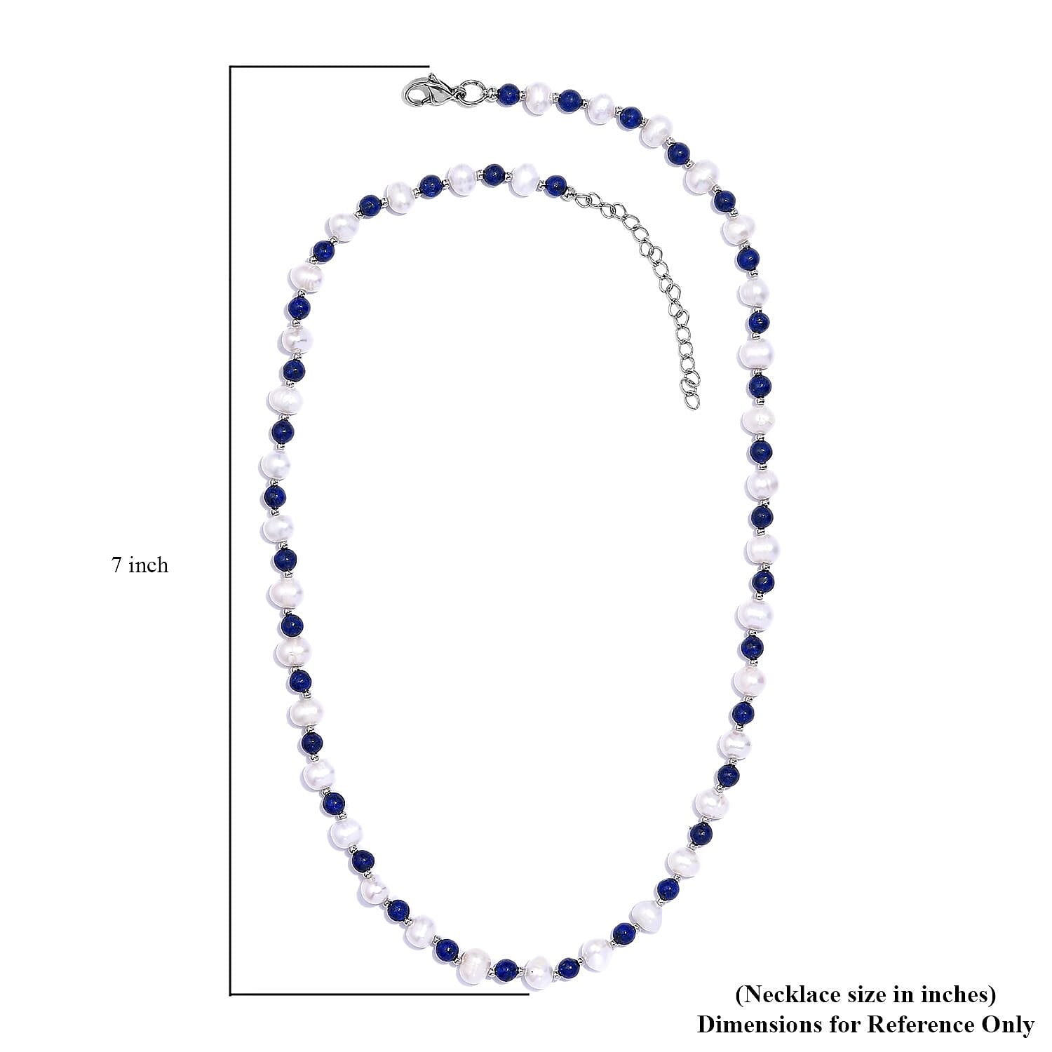 White Freshwater Pearl and Lapis Lazuli Beaded 21.00 ctw Necklace 18 Inches in Rhodium Over Stainless Steel
