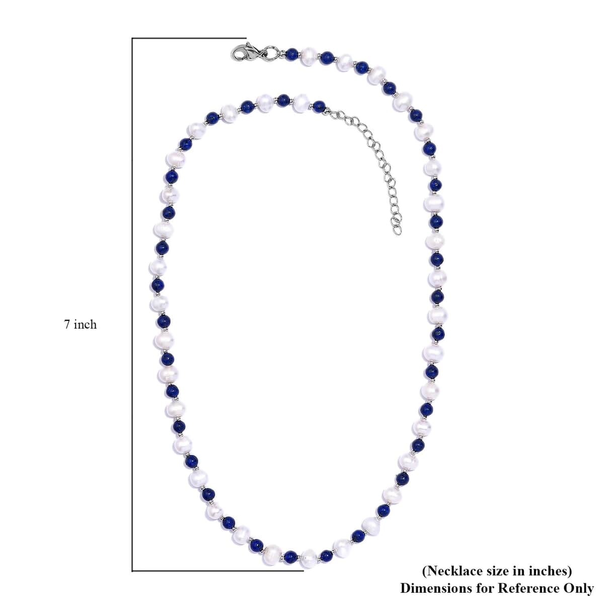 White Freshwater Pearl and Lapis Lazuli Beaded 21.00 ctw Necklace 18 Inches in Rhodium Over Stainless Steel image number 5