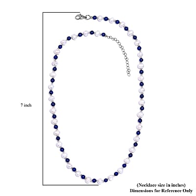 White Freshwater Pearl and Lapis Lazuli Beaded 21.00 ctw Necklace 18 Inches in Rhodium Over Stainless Steel