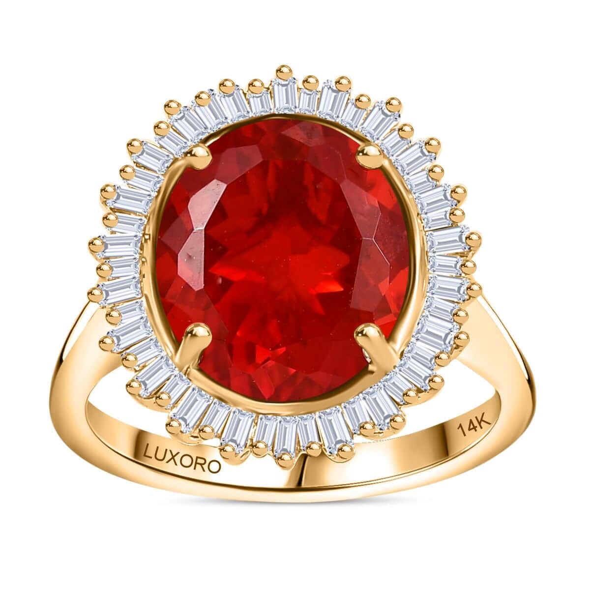 Luxoro Premium Crimson Fire Opal and G-H I2 Diamond 3.75 ctw Sunrise Ring in 14K Yellow Gold (Size 8.5) image number 0