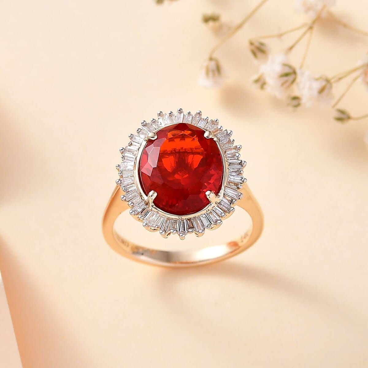 Luxoro Premium Crimson Fire Opal and G-H I2 Diamond 3.75 ctw Sunrise Ring in 14K Yellow Gold (Size 8.5) image number 1
