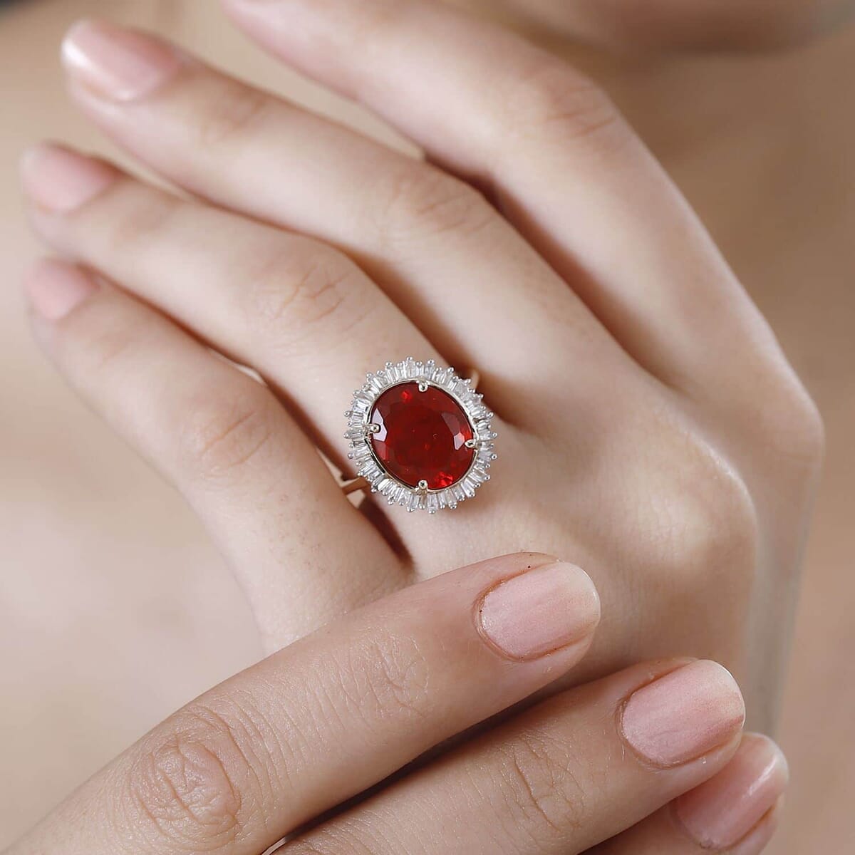 Luxoro Premium Crimson Fire Opal and G-H I2 Diamond 3.75 ctw Sunrise Ring in 14K Yellow Gold (Size 8.5) image number 2