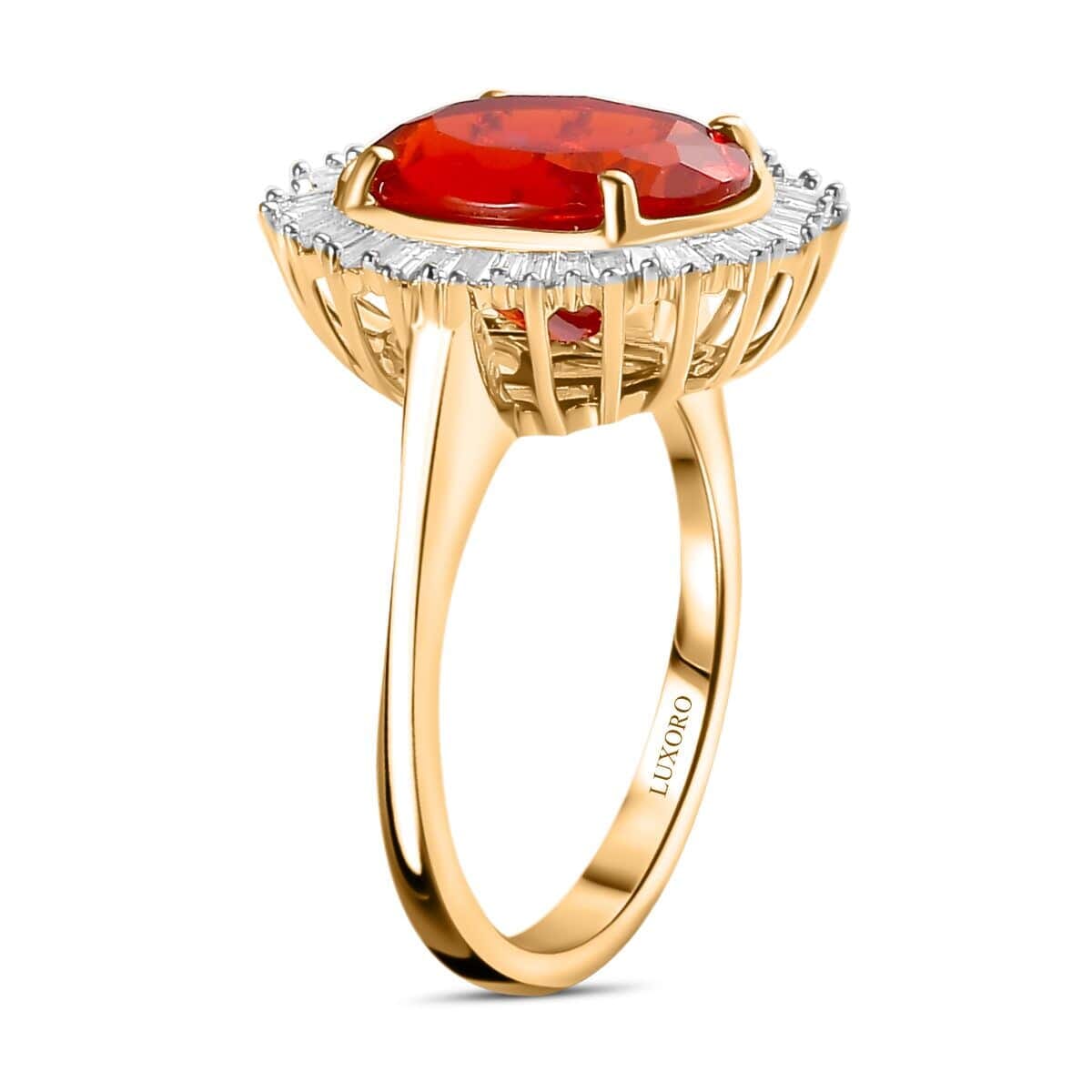 Luxoro Premium Crimson Fire Opal and G-H I2 Diamond 3.75 ctw Sunrise Ring in 14K Yellow Gold (Size 8.5) image number 3