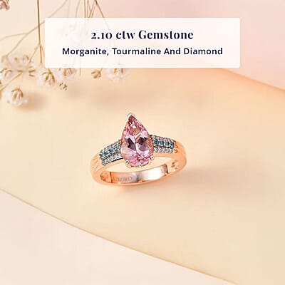 Luxoro 14K Rose Gold AAA Pink Morganite, Paraiba Tourmaline and G-H I2 Diamond Ring 4.25 Grams 2.30 ctw