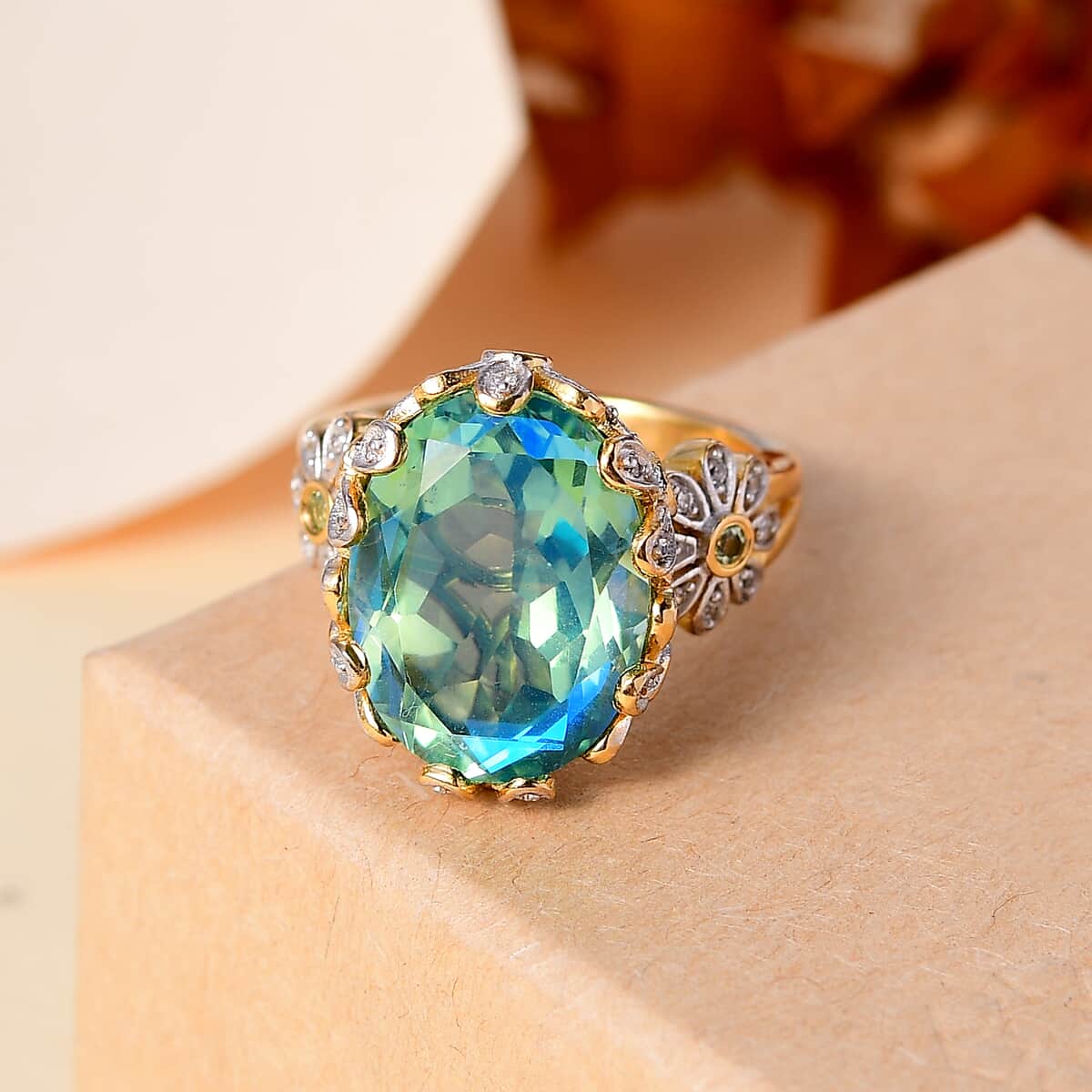 Peacock Quartz (Triplet) and Multi Gemstone 10.60 ctw Floral Ring in 18K Vermeil Yellow Gold Over Sterling Silver (Size 10.0) image number 1