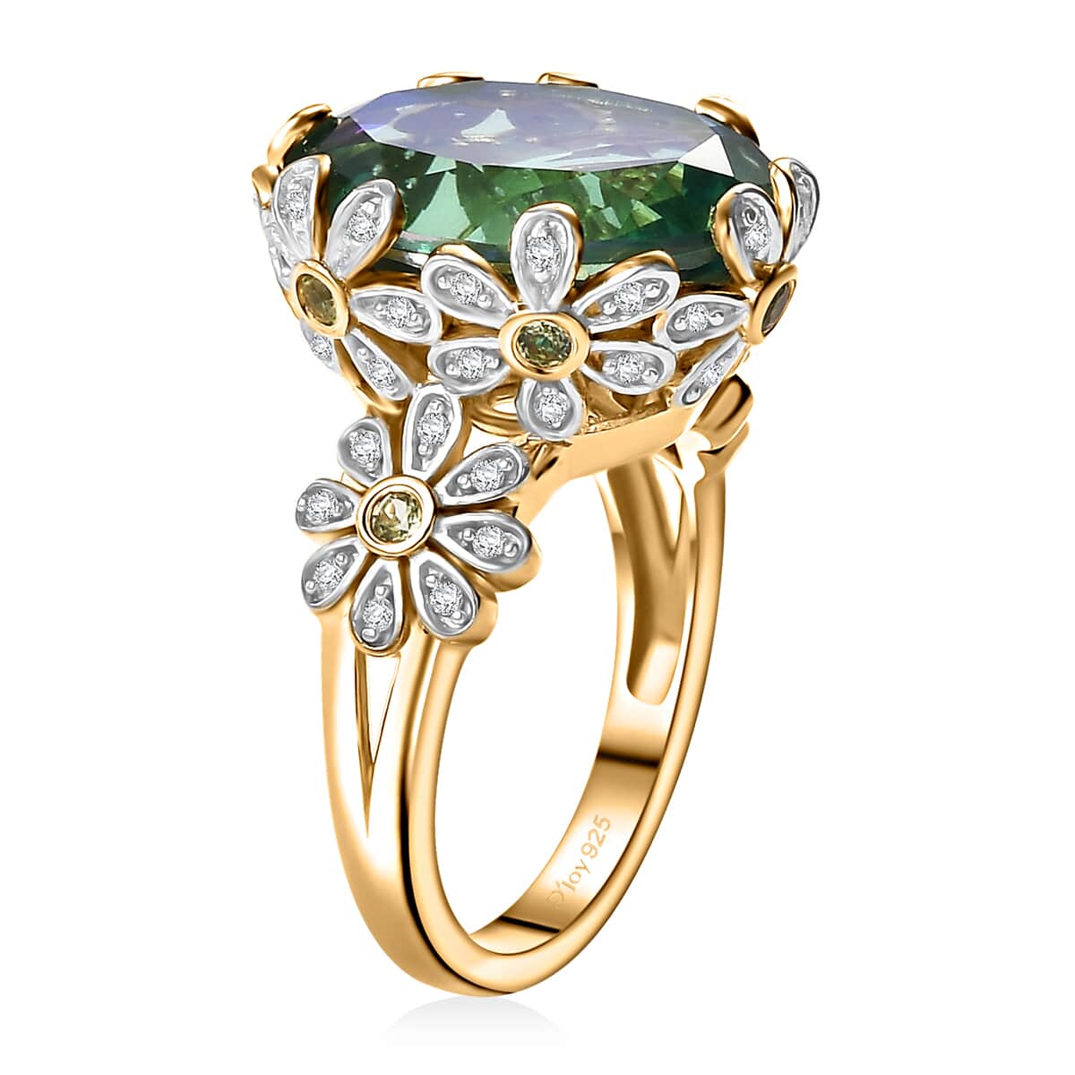 Peacock Quartz (Triplet) and Multi Gemstone 10.60 ctw Floral Ring in 18K Vermeil Yellow Gold Over Sterling Silver (Size 10.0) image number 3