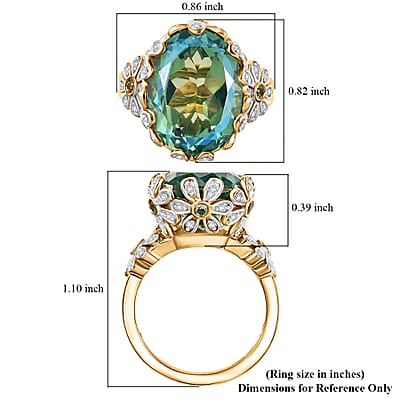 D'Joy Peacock Quartz (Triplet) and Multi Gemstone 10.60 ctw Floral Ring in 18K Vermeil Yellow Gold Over Sterling Silver (Size 10.0)
