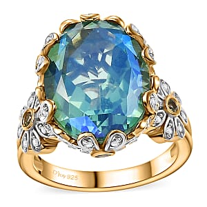 D'Joy Peacock Quartz (Triplet) and Multi Gemstone 10.60 ctw Floral Ring in 18K Vermeil Yellow Gold Over Sterling Silver (Size 8.0)