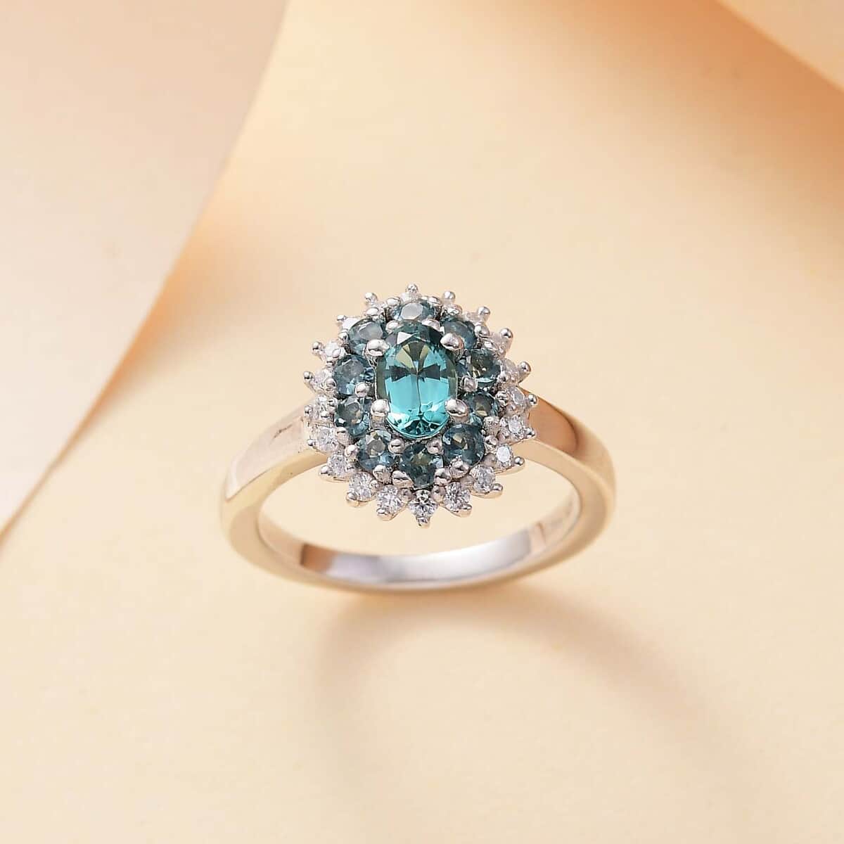 Pirineu Lagoon Tourmaline, Moissanite Ocean Blossom Ring in Rhodium Over Sterling Silver (Size 6.0) 1.20 ctw image number 1