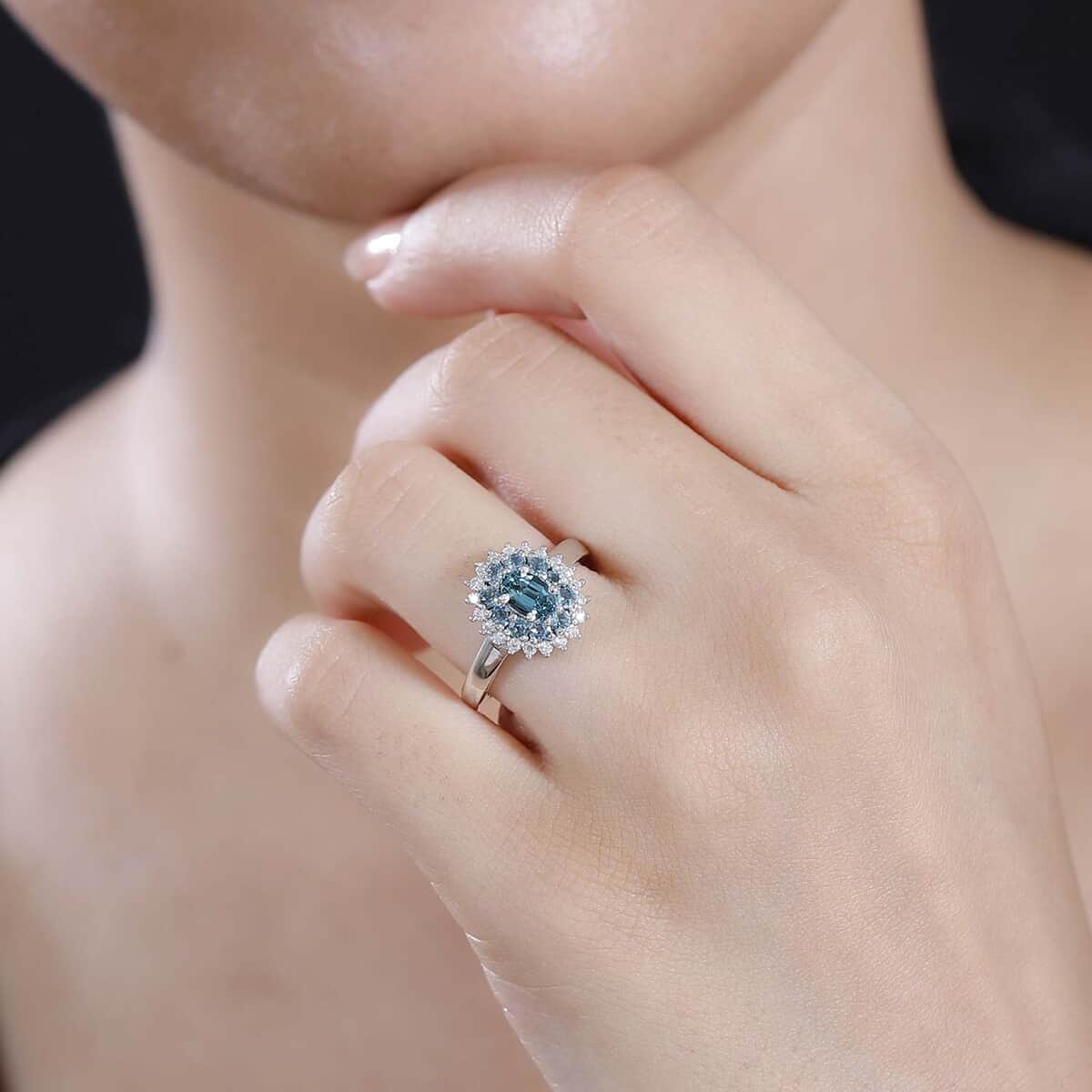 Pirineu Lagoon Tourmaline and Moissanite 1.20 ctw Ocean Blossom Ring in Rhodium Over Sterling Silver (Size 6.0) image number 2