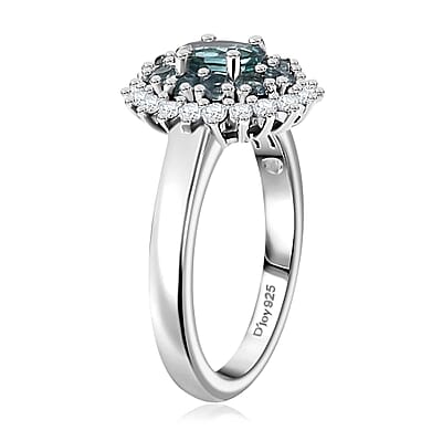 Pirineu Lagoon Tourmaline and Moissanite 1.20 ctw Ocean Blossom Ring in Rhodium Over Sterling Silver (Size 6.0)