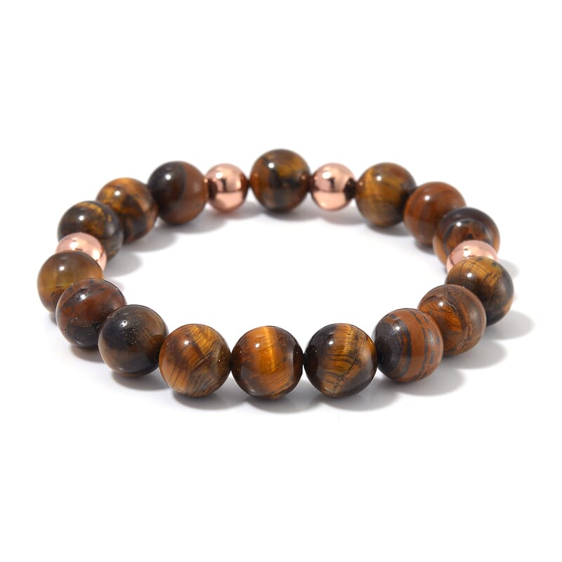 Tigers Eye Beaded Stretch Bracelet in 14K RG Over Copper 110.00 ctw