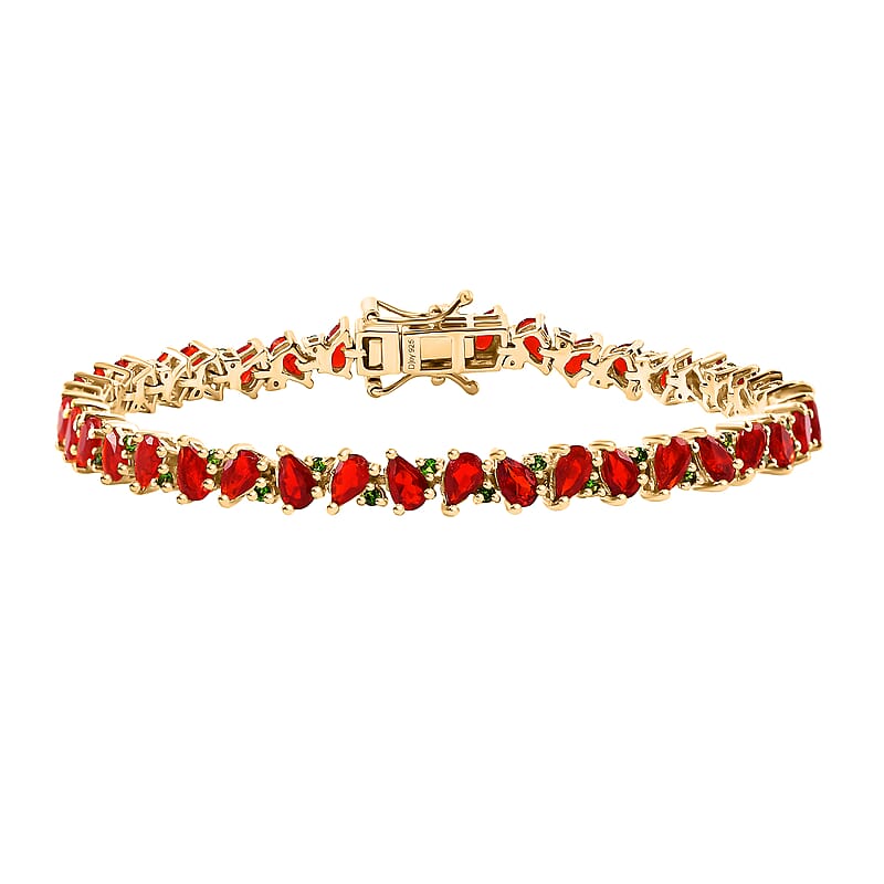 D'Joy Mexican Cherry Fire Opal and Chrome Diopside 6.50 ctw Art Deco Bracelet in 18K Vermeil Yellow Gold Over Sterling Silve (6.50 In)