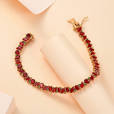 D'Joy Mexican Cherry Fire Opal and Chrome Diopside 6.50 ctw Art Deco Bracelet in 18K Vermeil Yellow Gold Over Sterling Silve (6.50 In)