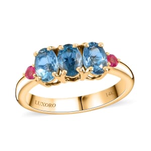 Luxoro AAA Santa Maria Aquamarine and AAA Mahenge Spinel 1.35 ctw Trilogy Ring in 14K Yellow Gold (Size 8.5)