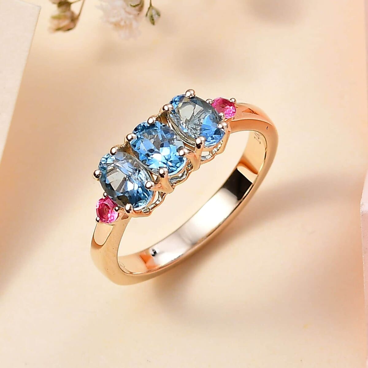 Luxoro AAA Santa Maria Aquamarine and AAA Mahenge Spinel 1.35 ctw Trilogy Ring in 14K Yellow Gold (Size 8.5) image number 1