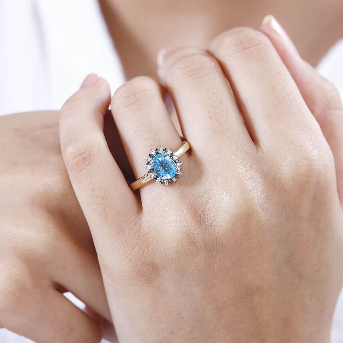 Luxoro Premium Betroka Blue Apatite, G-H I2 Blue and White Diamond 1.50 ctw Cloudburst Ring in 10K Yellow Gold (Size 10.5) image number 2