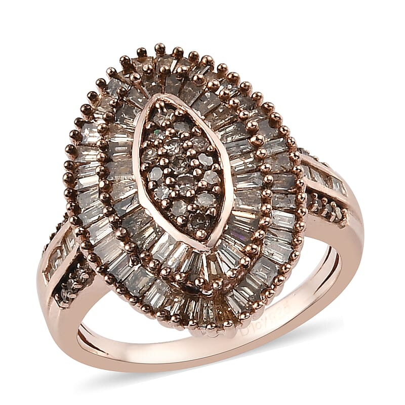 Natural Champagne Diamond Ring in Rhodium and Vermeil Rose Gold Over Sterling Silver (Size 10.0) 1.10 ctw