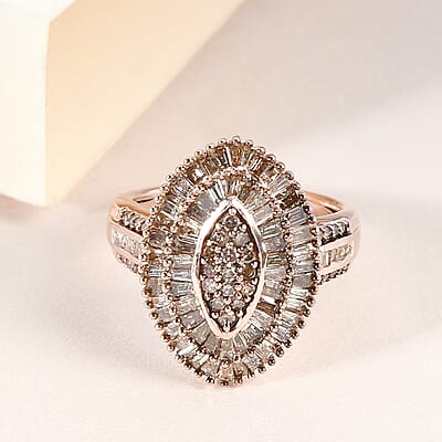 Natural Champagne Diamond Ring in Rhodium and Vermeil Rose Gold Over Sterling Silver (Size 10.0) 1.10 ctw