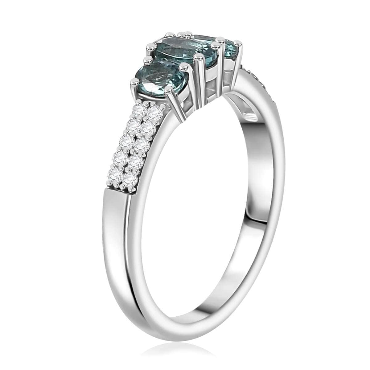 Pirineu Lagoon Tourmaline and Moissanite 0.80 ctw Trinity Ring in Rhodium Over Sterling Silver (Size 6.0) image number 3