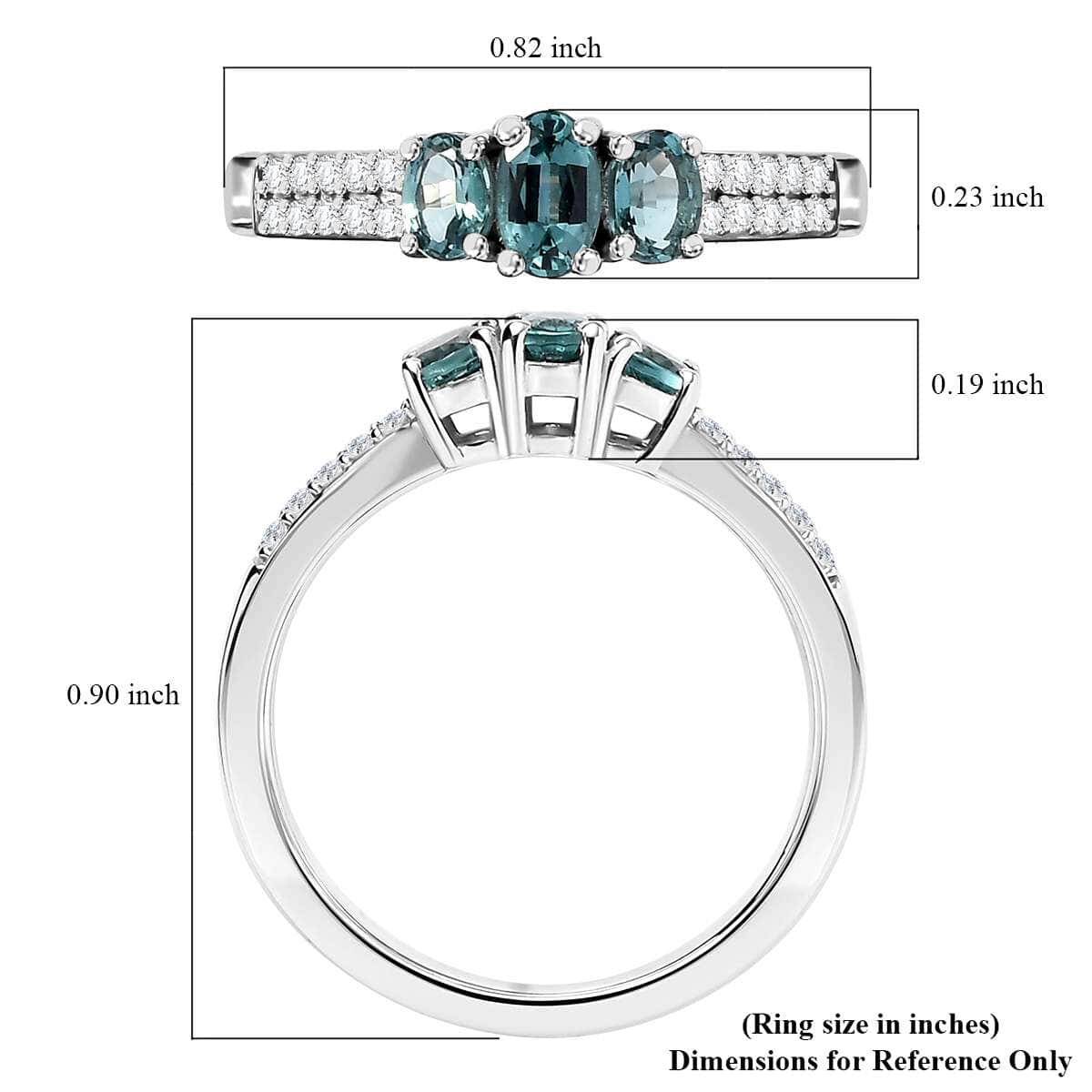 Pirineu Lagoon Tourmaline and Moissanite 0.80 ctw Trinity Ring in Rhodium Over Sterling Silver (Size 6.0) image number 5