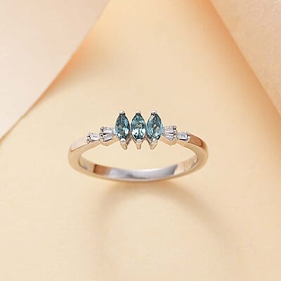 Pirineu Lagoon Tourmaline and Diamond 0.30 ctw 3 Stone Ring in Rhodium Over Sterling Silver (Size 10.0)