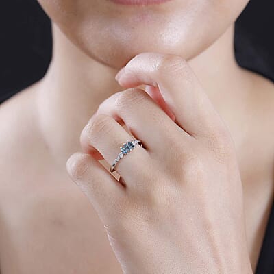 Pirineu Lagoon Tourmaline and Diamond 0.30 ctw 3 Stone Ring in Rhodium Over Sterling Silver (Size 10.0)