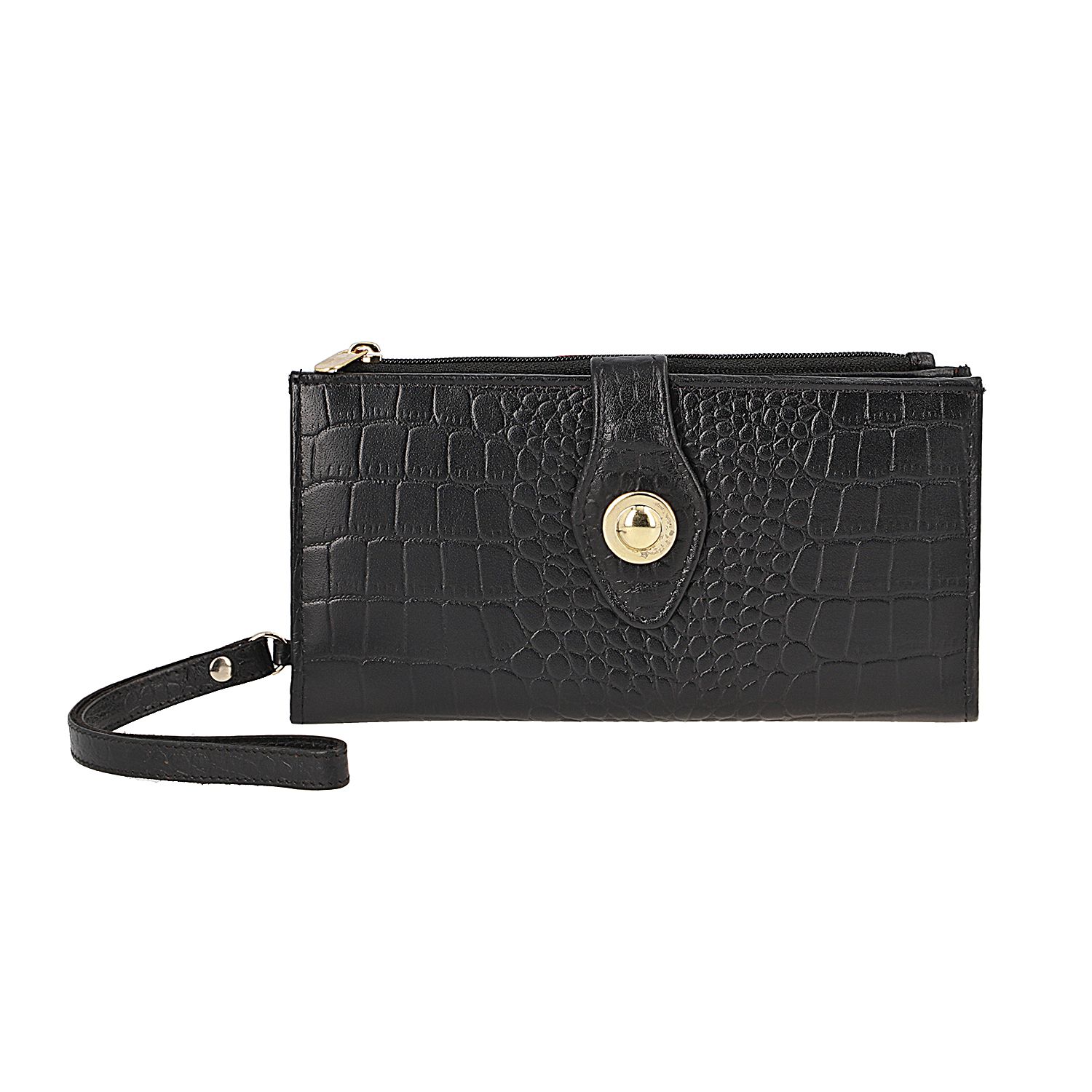 Union Code Black Croco Embossed Genuine Leather RFID Wallet with Button Closure