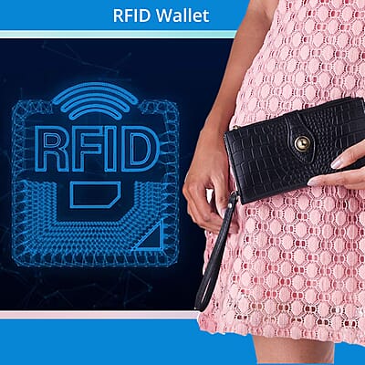Union Code Black Croco Embossed Genuine Leather RFID Wallet with Button Closure