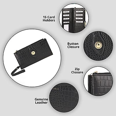 Union Code Black Croco Embossed Genuine Leather RFID Wallet with Button Closure