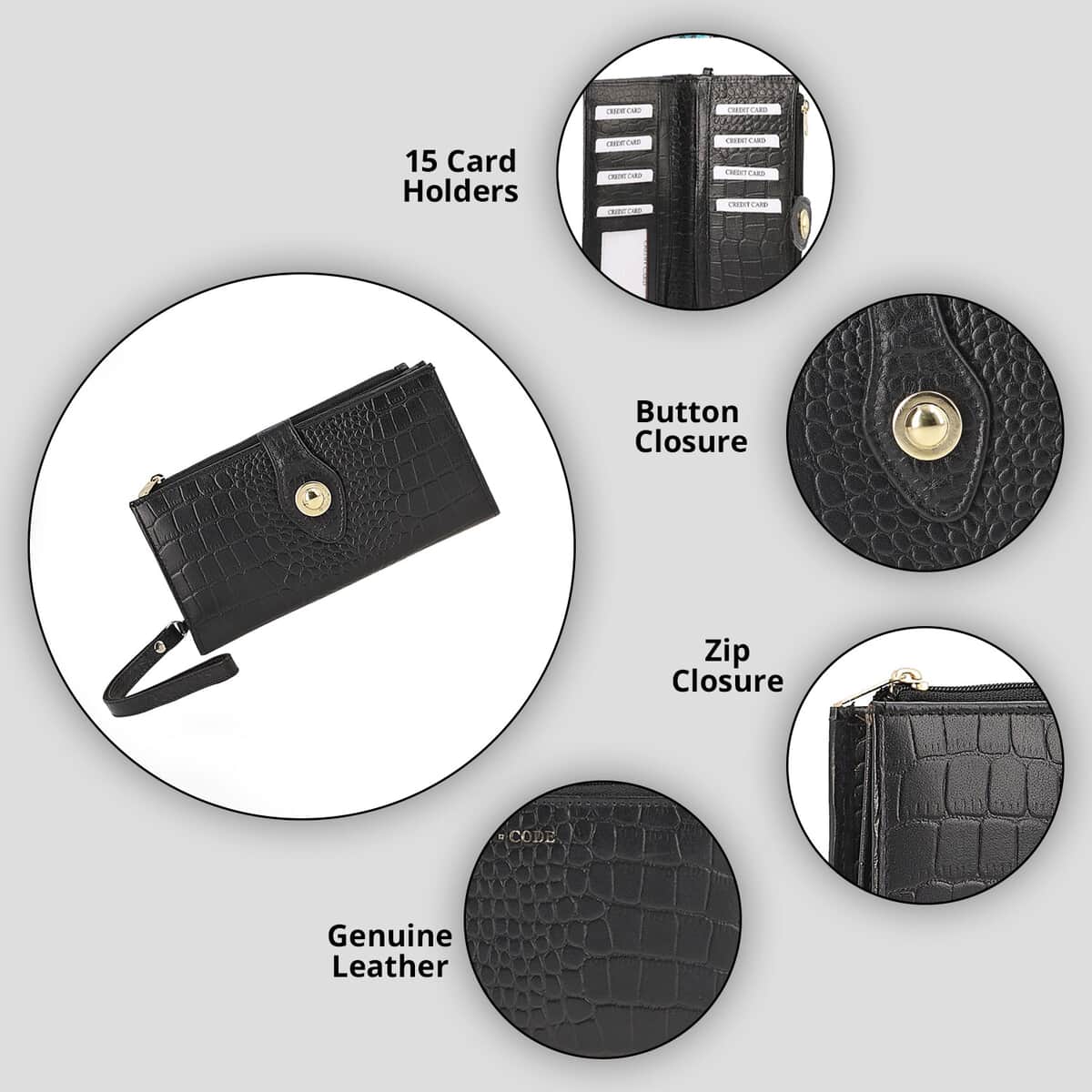 UNION CODE Black Croco Embossed Genuine Leather RFID Wallet with Button Closure image number 2