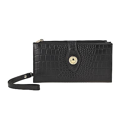 Union Code Black Croco Embossed Genuine Leather RFID Wallet with Button Closure