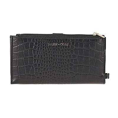 Union Code Black Croco Embossed Genuine Leather RFID Wallet with Button Closure
