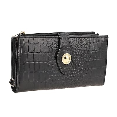 Union Code Black Croco Embossed Genuine Leather RFID Wallet with Button Closure