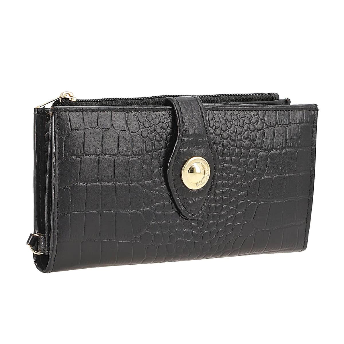 UNION CODE Black Croco Embossed Genuine Leather RFID Wallet with Button Closure image number 6