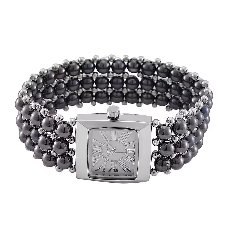 Terahertz 285.00 ctw Japanese Movement Beaded Stretch Bracelet Watch with MOP Dial (26x26mm) (6.75-8.0 Inches)