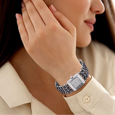 Terahertz 285.00 ctw Japanese Movement Beaded Stretch Bracelet Watch with MOP Dial (26x26mm) (6.75-8.0 Inches)