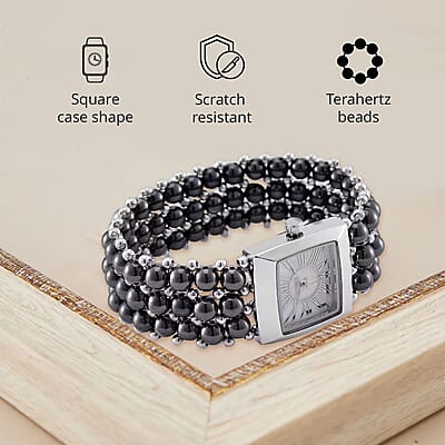 Terahertz 285.00 ctw Japanese Movement Beaded Stretch Bracelet Watch with MOP Dial (26x26mm) (6.75-8.0 Inches)