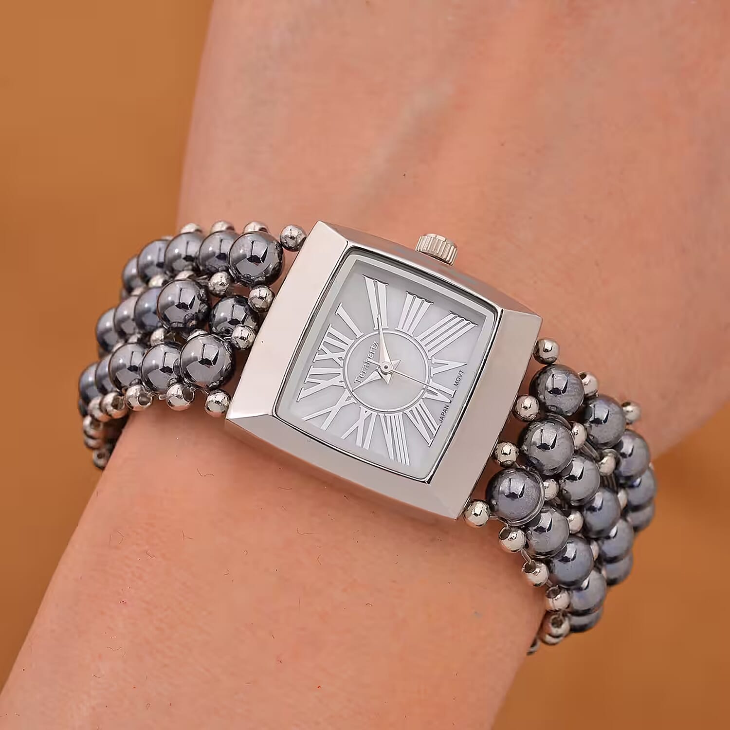 Terahertz 285.00 ctw Japanese Movement Beaded Stretch Bracelet Watch with MOP Dial (26x26mm) (6.75-8.0 Inches)