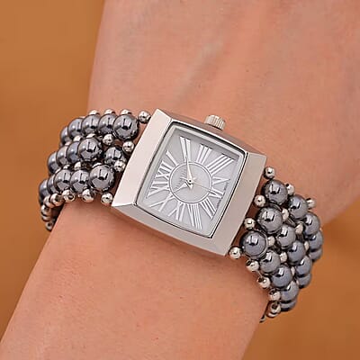 Terahertz 285.00 ctw Japanese Movement Beaded Stretch Bracelet Watch with MOP Dial (26x26mm) (6.75-8.0 Inches)