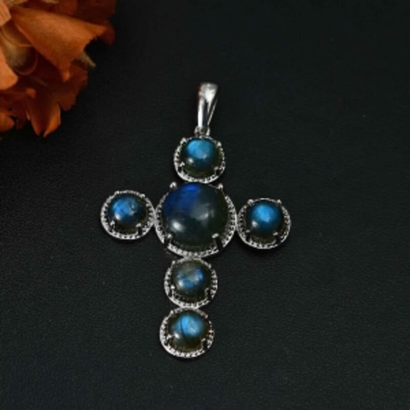 Labradorite Cross 9.05 ctw Pendant in Platinum Over Sterling Silver