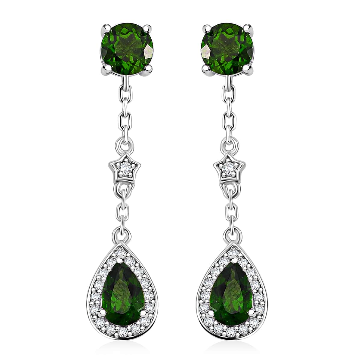 Chrome Diopside and White Zircon 2.15 ctw Dangling Earrings in Rhodium Over Sterling Silver image number 0