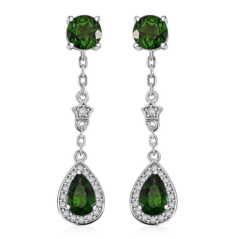 Chrome Diopside and White Zircon 2.15 ctw Dangling Earrings in Rhodium Over Sterling Silver