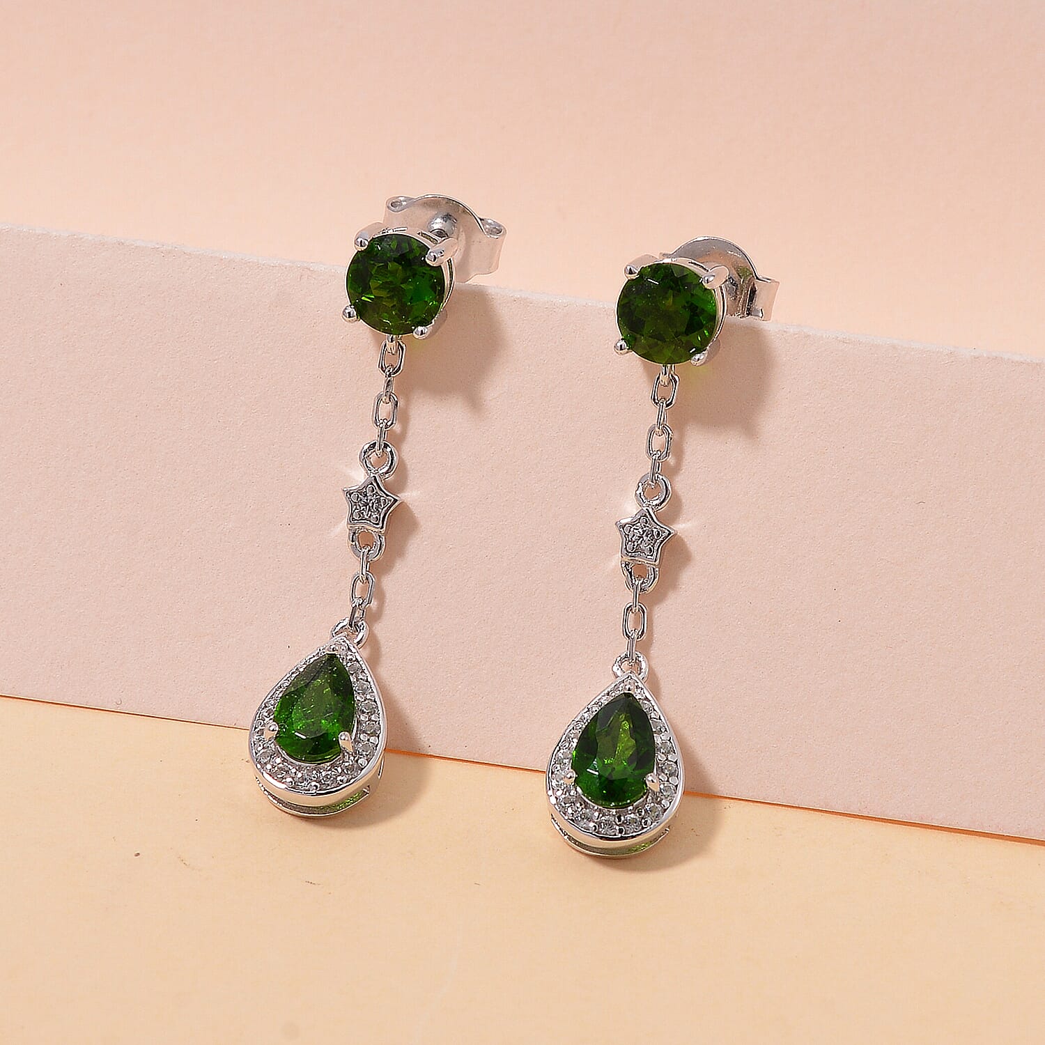 Chrome Diopside and White Zircon 2.15 ctw Dangling Earrings in Rhodium Over Sterling Silver