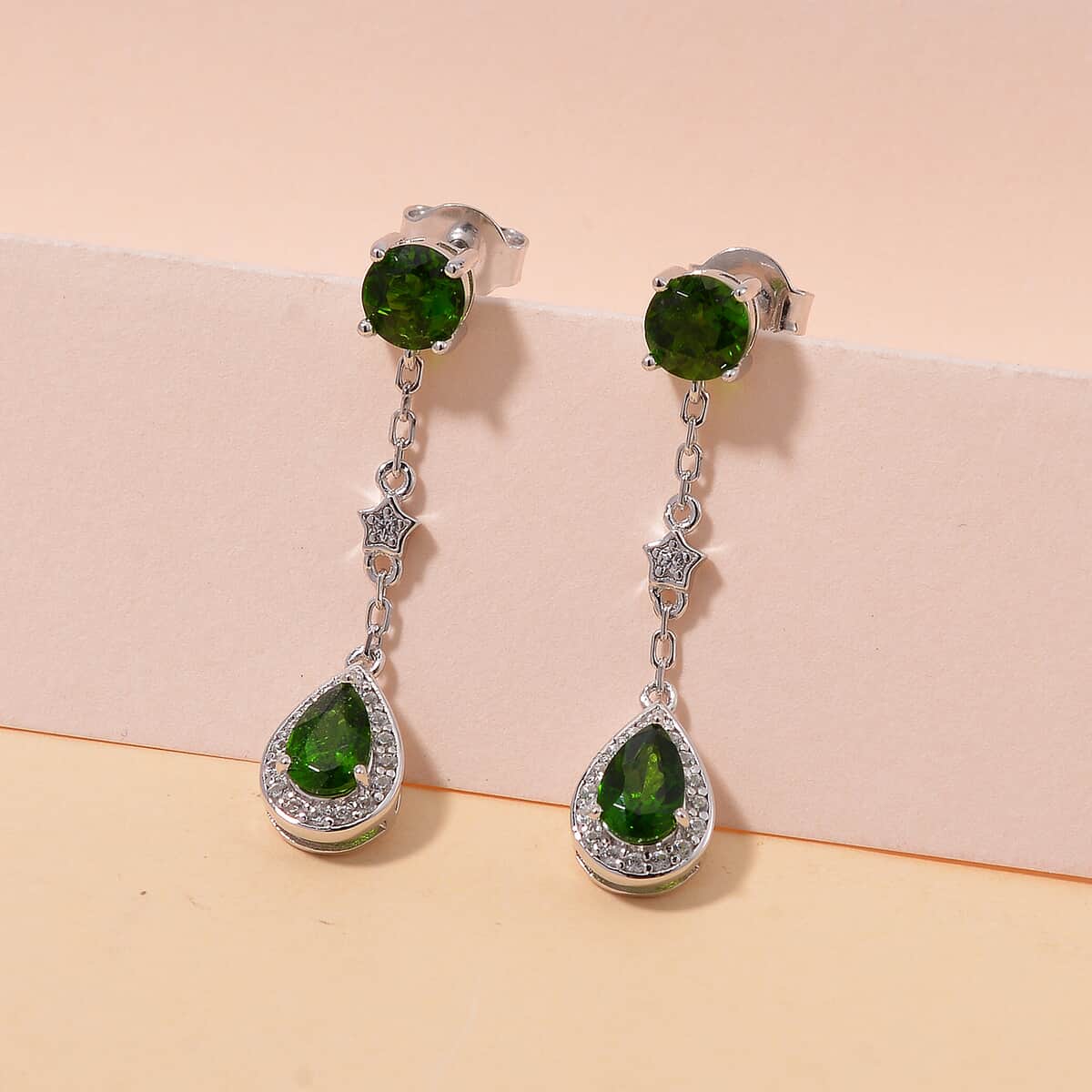 Chrome Diopside and White Zircon 2.15 ctw Dangling Earrings in Rhodium Over Sterling Silver image number 1