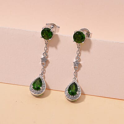 Chrome Diopside and White Zircon 2.15 ctw Dangling Earrings in Rhodium Over Sterling Silver