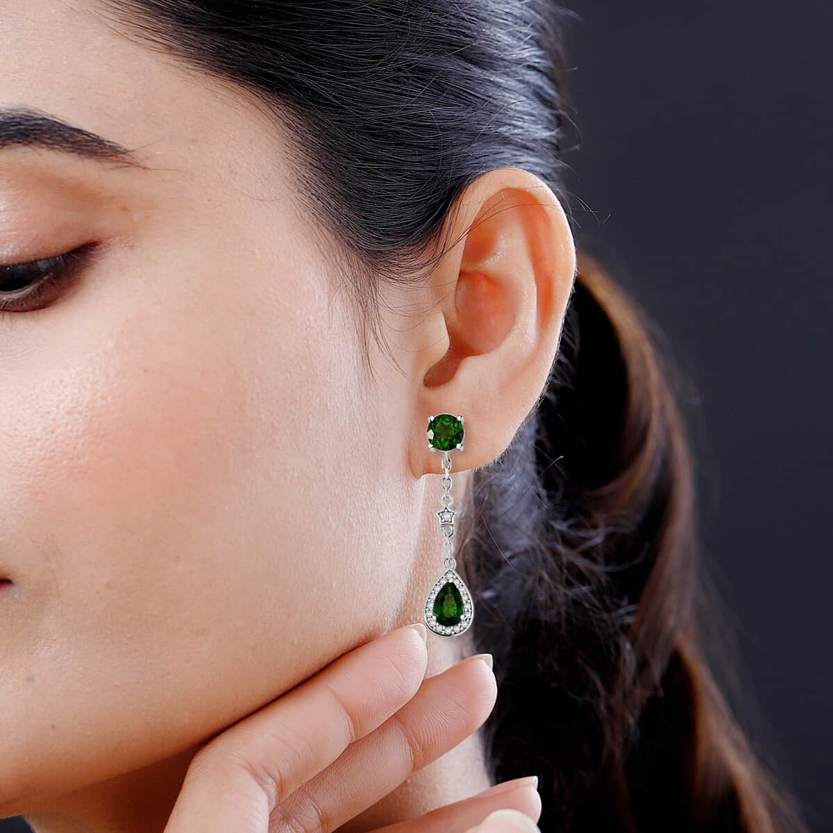 Chrome Diopside and White Zircon 2.15 ctw Dangling Earrings in Rhodium Over Sterling Silver image number 2