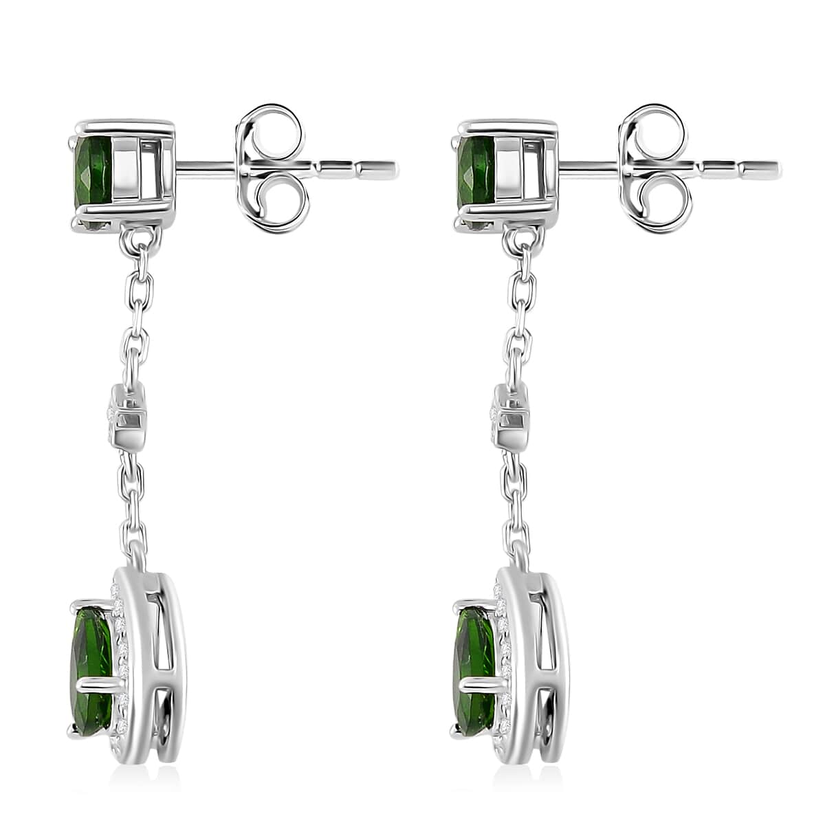 Chrome Diopside and White Zircon 2.15 ctw Dangling Earrings in Rhodium Over Sterling Silver image number 3