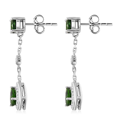 Chrome Diopside and White Zircon 2.15 ctw Dangling Earrings in Rhodium Over Sterling Silver